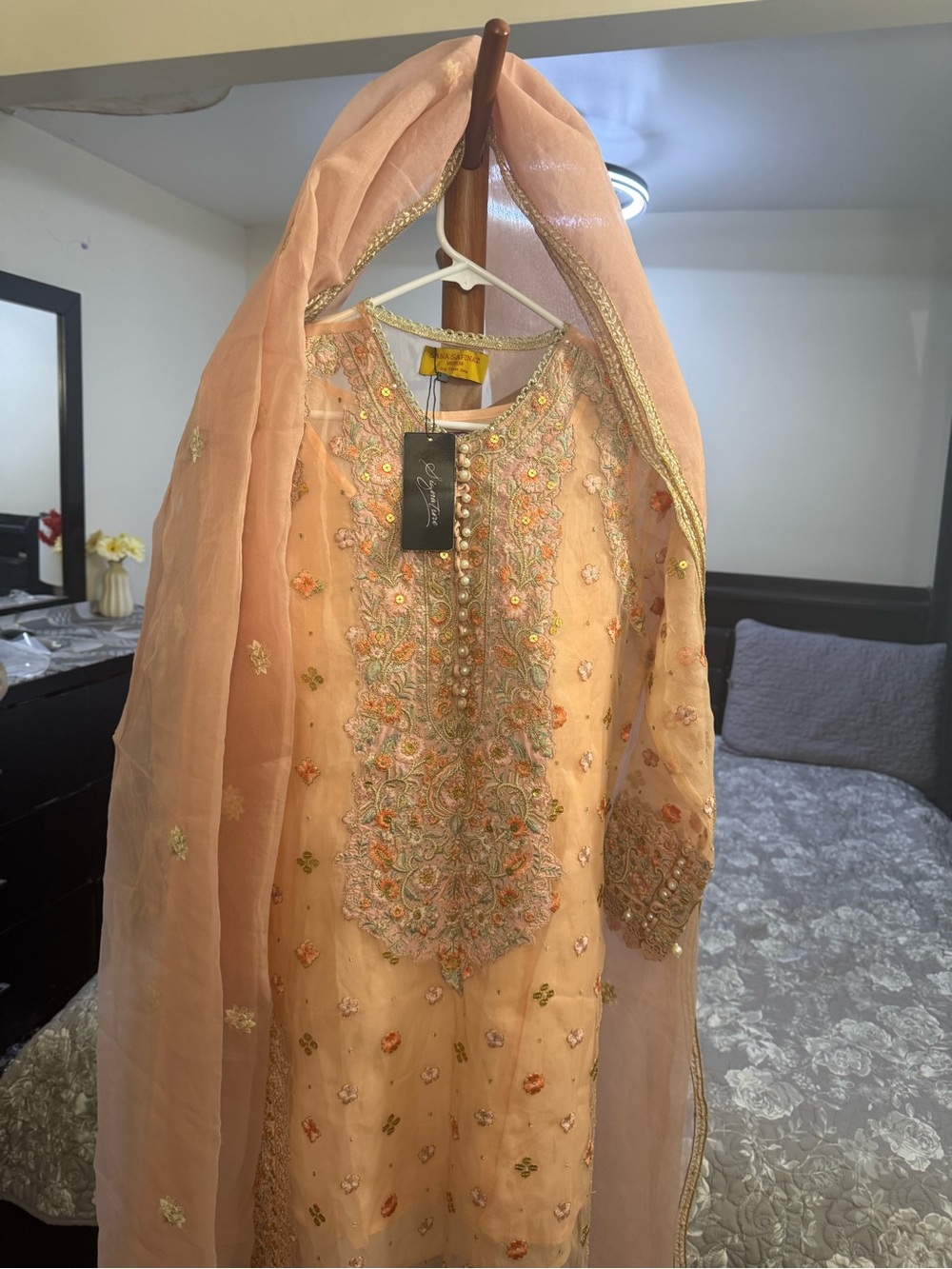 Embroidered Peach Women’s Dress with Scarf - Picture 3 of 8